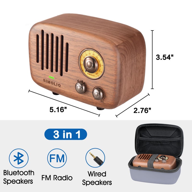 SIMOLIO Retro Bluetooth Speakers with Loud HD Sound, Nature Black Walnut Vintage Style Wooden Speaker with FM Radio & AUX in, Advanced CSR Chip, Portable Bluetooth Speaker for Home Office Decorations - Image 4